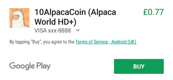 Alpaca Coin purchase prompt from the 'Alpaca World' app